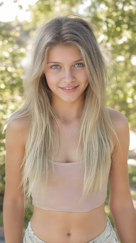 A (((professional photograph))) featuring a beautiful, super realistic and ultra detailed (((young teen girl))), with extremely long, straight, thick and untucked natural white golden blonde hair, and bright blue eyes, dressed in a sleek, ((skin tight translucent low cut crop top)) and ((tattered shorts)), looking confident and happy into the camera. Her focus is on her full body, exuding a playful and cheerful vibe. The scene is set in a (((beautifully drawn, sunny outdoor backdrop))) that brings to mind a dreamy summer day.