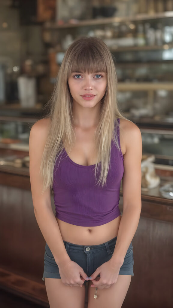 A (((professional full body photograph))) featuring a (((beautiful young cute girl, perfect curved fit body))) with long, straight, thick, untucked natural white blond and brownish hair cut bangs style, perfect eyes, natural light makeup, and a whimsically playful expression that gives off an air of perfection. She wears a (((deep neck purple short tank top))) with a ((perfectly proportioned body and intricate details)) and ((no wrinkles or imperfections)), paired with classic navy blue and white sneakers. The scene is captured from a luxurious (((upper class saloon))) with a (((high-resolution, digital camera))) and advanced lighting effects that bring out her features and the overall mood of the image. She is in a (((perfect, symmetrically arranged pose))) with her hands on her thighs and feet, showcasing the full body image with a (tall, athletic frame) that exudes perfection and attention to detail. (((8K, Ultra High Definition, Intricate details, hyper-realistic)))
