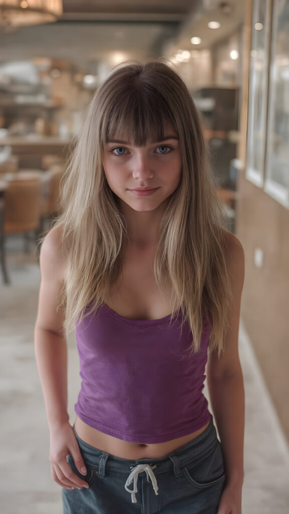 A (((professional full body photograph))) featuring a (((beautiful young cute girl, perfect curved fit body))) with long, straight, thick, untucked natural white blond and brownish hair cut bangs style, perfect eyes, natural light makeup, and a whimsically playful expression that gives off an air of perfection. She wears a (((deep neck purple short tank top))) with a ((perfectly proportioned body and intricate details)) and ((no wrinkles or imperfections)), paired with classic navy blue and white sneakers. The scene is captured from a luxurious (((upper class saloon))) with a (((high-resolution, digital camera))) and advanced lighting effects that bring out her features and the overall mood of the image. She is in a (((perfect, symmetrically arranged pose))) with her hands on her thighs and feet, showcasing the full body image with a (tall, athletic frame) that exudes perfection and attention to detail. (((8K, Ultra High Definition, Intricate details, hyper-realistic)))