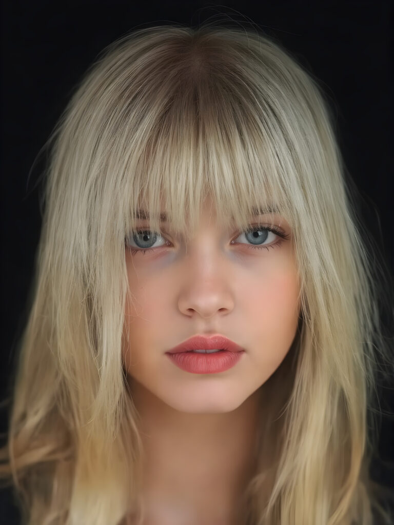 A (((professional photograph))) featuring a girl with beautifully straight, long, flowing blond hair framing her face, intricate details and patterns that mimic the texture of skin, with perfectly symmetrical, evenly spaced bangs that extend gracefully outwards. Her lips are full, painted in dramatic red color contrasted by the black background, creating a stunningly visual impact