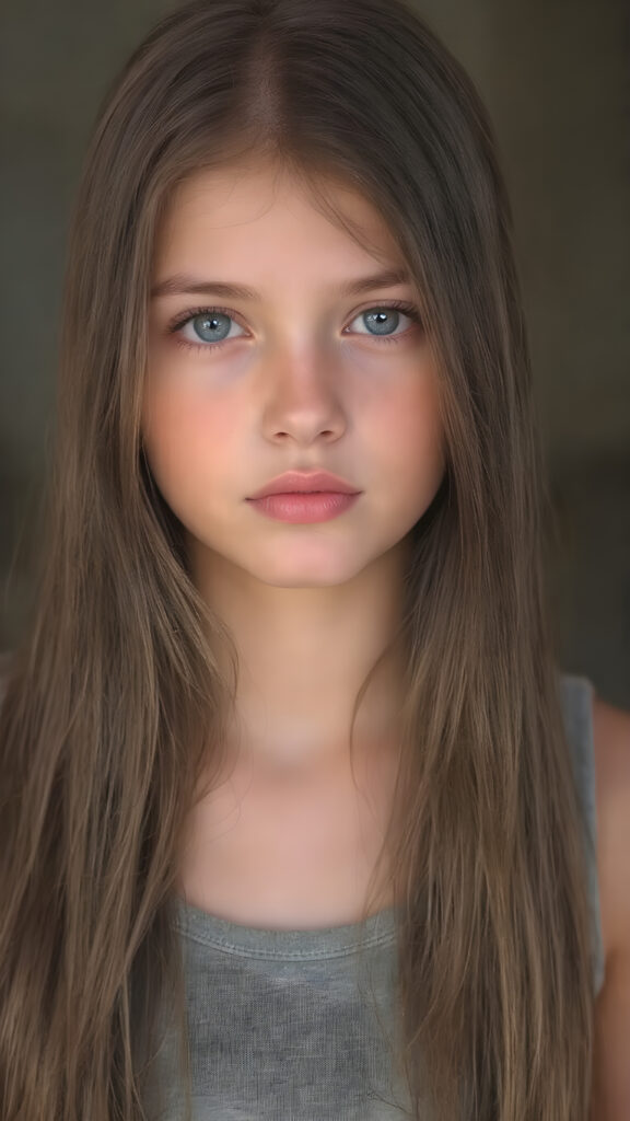 A (((professional photograph))) featuring a beautiful young teen girl with a sleek ((brown super long straight soft hair)), wearing a (((cotton tank top))), posing full body. Her lips are a vibrant (((red color))), and she has large, ((almond-shaped eyelashes)), that really compliment her features. Her skin is (fair), with (pale) cheeks that match her eyes perfectly. She exudes an air of (magnificence) and attention to detail, make her look like a model in fromt he teen years. A close up shot, head bust, capturing her perfectly serene yet vivacious essence.