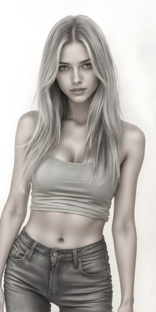 A (((professional full body hand charcoal drawing))) featuring a beautiful busty young teen girl, exuding seductive charm, in a mix of (((cropped tank top and tight jeans pants))), with luxuriously long, straight soft blonde hair flowing down to her waist, perfectly curved body, revealing her slender, yet beautifully proportioned belly button.