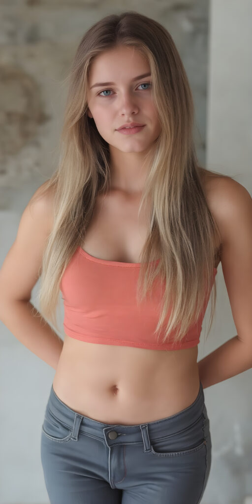 A (((professional full body photograph))) featuring a beautiful young teen girl, exuding seductive charm, in a mix of (((cropped tank top and tight jeans pants))), with luxuriously long, straight soft blonde hair flowing down to her waist, perfectly curved body, revealing her slender, yet beautifully proportioned belly button.