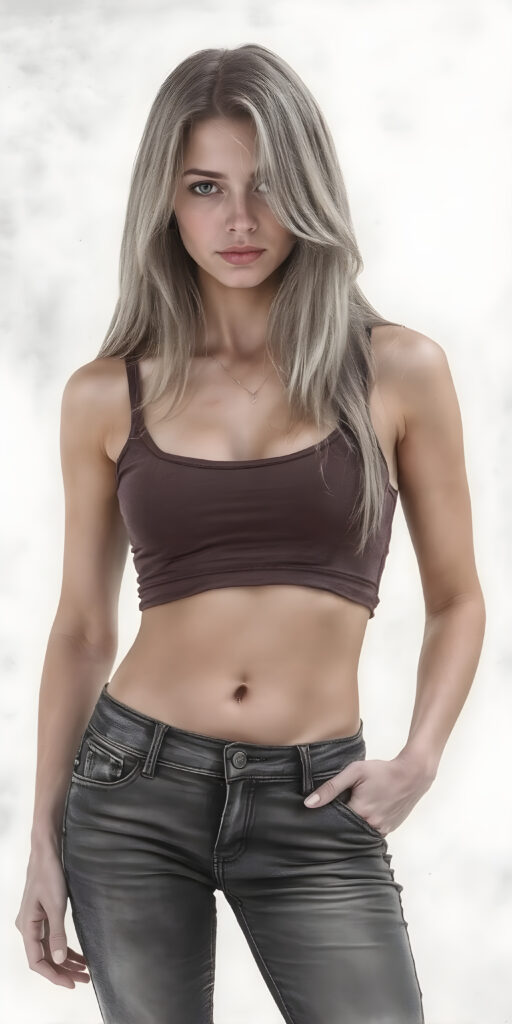 A (((professional full body hand charcoal drawing))) featuring a beautiful busty young teen girl, exuding seductive charm, in a mix of (((cropped tank top and tight jeans pants))), with luxuriously long, straight soft blonde hair flowing down to her waist, perfectly curved body, revealing her slender, yet beautifully proportioned belly button.
