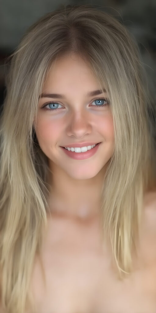 A (((professional full body photograph ))) showcasing a (((beautiful, seductive, and charming young teen girl))) with a luxuriously long, straight blonde hair, framed by her ((thickly proportioned, yet incredibly toned and flawlessly proportioned body)), accentuated by a (full complement of natural, bright white teeth) and (no visible pores on her skin). She's exuding a youthful vibe with a (distinctive, yet subtle difference in the texture of her skin) that gives off an air of sophistication and seduction. Her eyes are a vivid and captivating (((light blue))), with the perfect complement of (big, bright white teeth) and (no visible pores on her skin), making for a truly breathtaking full body shot