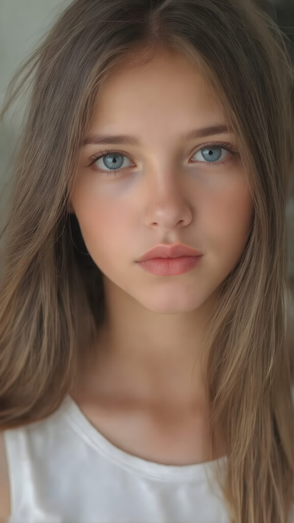 A (((professional photograph))) featuring a beautiful young teen girl with a sleek ((brown super long straight soft hair)), wearing a (((cotton tank top))), posing full body. Her lips are a vibrant (((red color))), and she has large, ((almond-shaped eyelashes)), that really compliment her features. Her skin is (fair), with (pale) cheeks that match her eyes perfectly. She exudes an air of (magnificence) and attention to detail, make her look like a model in fromt he teen years. A close up shot, head bust, capturing her perfectly serene yet vivacious essence.