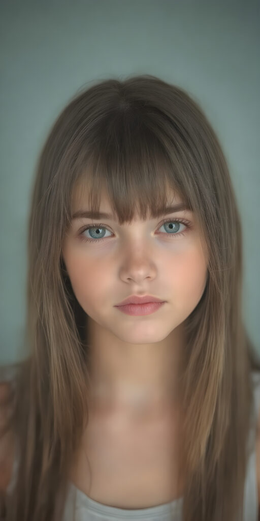 A (((professional photograph))) featuring a beautiful young teen girl with a sleek ((brown super long straight soft hair)), wearing a (((cotton tank top))), posing full body. Her lips are a vibrant (((red color))), and she has large, ((almond-shaped eyelashes)), that really compliment her features. Her skin is (fair), with (pale) cheeks that match her eyes perfectly. She exudes an air of (magnificence) and attention to detail, make her look like a model in fromt he teen years. A close up shot, head bust, capturing her perfectly serene yet vivacious essence.