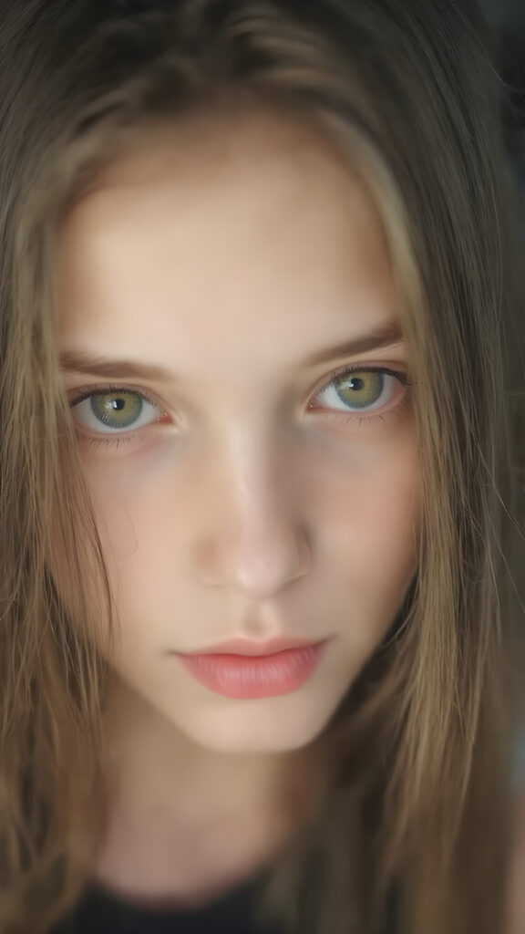 A (((professional photograph))) featuring a beautiful young teen girl with a sleek ((brown super long straight soft hair)), wearing a (((cotton tank top))), posing full body. Her lips are a vibrant (((red color))), and she has large, ((almond-shaped eyelashes)), that really compliment her features. Her skin is (fair), with (pale) cheeks that match her eyes perfectly. She exudes an air of (magnificence) and attention to detail, make her look like a model in fromt he teen years. A close up shot, head bust, capturing her perfectly serene yet vivacious essence.