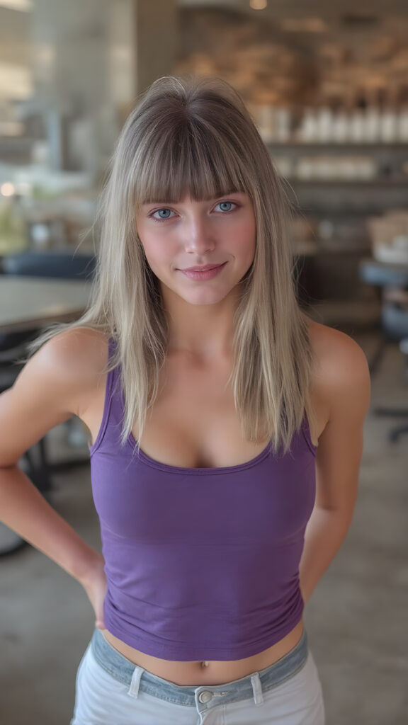 A (((professional full body photograph))) featuring a (((beautiful young cute girl, perfect curved fit body))) with long, straight, thick, untucked natural white blond and brownish hair cut bangs style, perfect eyes, natural light makeup, and a whimsically playful expression that gives off an air of perfection. She wears a (((deep neck purple short tank top))) with a ((perfectly proportioned body and intricate details)) and ((no wrinkles or imperfections)), paired with classic navy blue and white sneakers. The scene is captured from a luxurious (((upper class saloon))) with a (((high-resolution, digital camera))) and advanced lighting effects that bring out her features and the overall mood of the image. She is in a (((perfect, symmetrically arranged pose))) with her hands on her thighs and feet, showcasing the full body image with a (tall, athletic frame) that exudes perfection and attention to detail. (((8K, Ultra High Definition, Intricate details, hyper-realistic)))