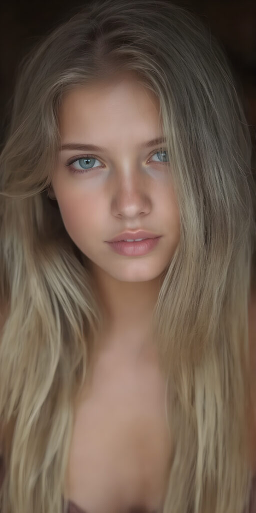 A (((professional full body photograph ))) showcasing a (((beautiful, seductive, and charming young teen girl))) with a luxuriously long, straight blonde hair, framed by her ((thickly proportioned, yet incredibly toned and flawlessly proportioned body)), accentuated by a (full complement of natural, bright white teeth) and (no visible pores on her skin). She's exuding a youthful vibe with a (distinctive, yet subtle difference in the texture of her skin) that gives off an air of sophistication and seduction. Her eyes are a vivid and captivating (((light blue))), with the perfect complement of (big, bright white teeth) and (no visible pores on her skin), making for a truly breathtaking full body shot