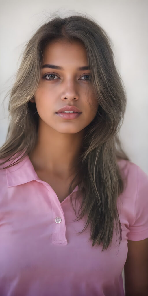 A (((professional full body photograph))) featuring a youthful, alluring (((female with long, dark brown hair))), who has been meticulously styled for the session. Her outfit comprises a sleek, form-fitting (((plain pink polo shirt)), which complements her looking effortlessly chic. The sunbeams have caught her hair in a playful dance, creating a vivid juxtaposition against her olive complexion. She exudes an air of confidence and allure, turning the entire scene into a truly breathtaking moment of pure beauty and elegance.
