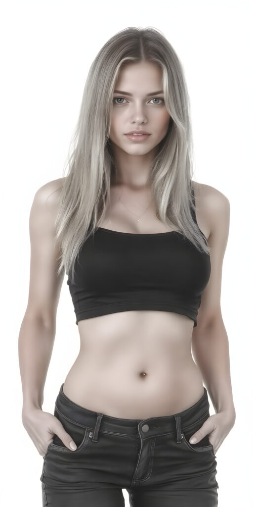 A (((professional full body hand charcoal drawing))) featuring a beautiful busty young teen girl, exuding seductive charm, in a mix of (((cropped tank top and tight jeans pants))), with luxuriously long, straight soft blonde hair flowing down to her waist, perfectly curved body, revealing her slender, yet beautifully proportioned belly button.