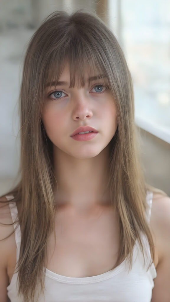 A (((professional photograph))) featuring a beautiful young teen girl with a sleek ((brown super long straight soft hair)), wearing a (((cotton tank top))), posing full body. Her lips are a vibrant (((red color))), and she has large, ((almond-shaped eyelashes)), that really compliment her features. Her skin is (fair), with (pale) cheeks that match her eyes perfectly. She exudes an air of (magnificence) and attention to detail, make her look like a model in fromt he teen years. A close up shot, head bust, capturing her perfectly serene yet vivacious essence.