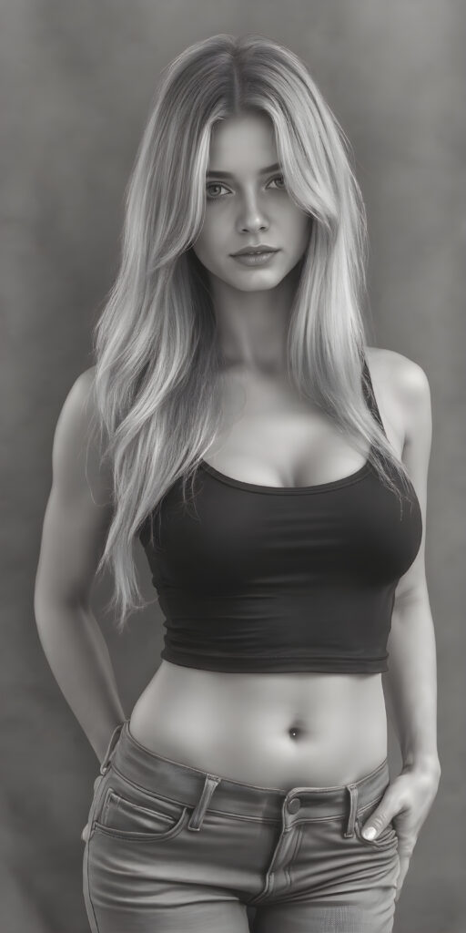 A (((professional full body hand charcoal drawing))) featuring a beautiful busty young teen girl, exuding seductive charm, in a mix of (((cropped tank top and tight jeans pants))), with luxuriously long, straight soft blonde hair flowing down to her waist, perfectly curved body, revealing her slender, yet beautifully proportioned belly button.
