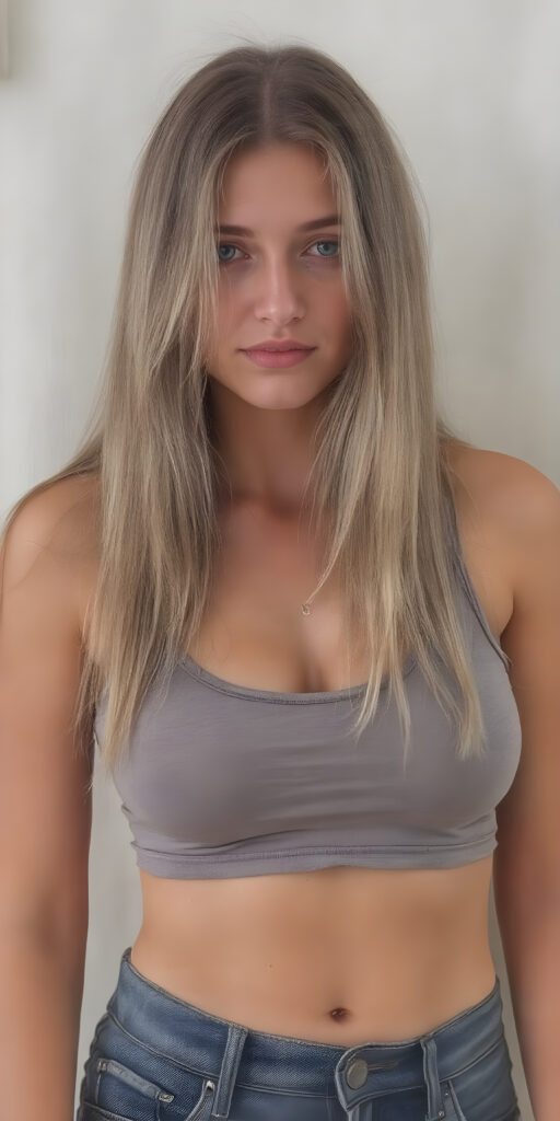 A (((professional full body photograph))) featuring a beautiful young teen girl, exuding seductive charm, in a mix of (((cropped tank top and tight jeans pants))), with luxuriously long, straight soft blonde hair flowing down to her waist, perfectly curved body, revealing her slender, yet beautifully proportioned belly button.