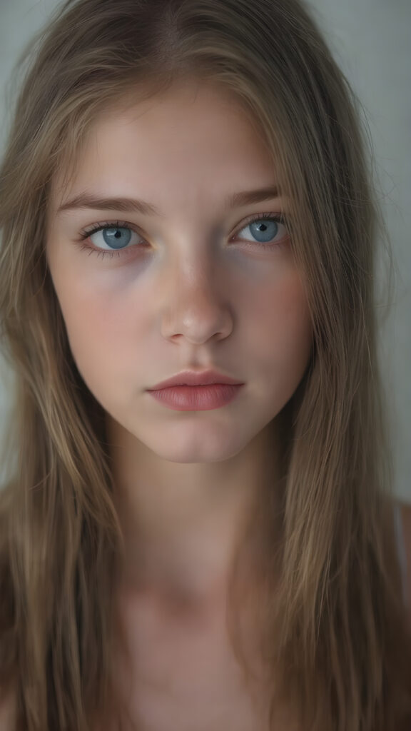 A (((professional photograph))) featuring a beautiful young teen girl with ((brown straight soft hair)), wearing a (((cotton tank top))), posing full body. Her lips are a vibrant (((red color))), and she has large, ((almond-shaped eyelashes)), that really compliment her features. Her skin is (fair), with (pale) cheeks that match her eyes perfectly. She exudes an air of (magnificence) and attention to detail, make her look like a model in teen years. A close up shot, head bust, capturing her perfectly serene yet vivacious essence.