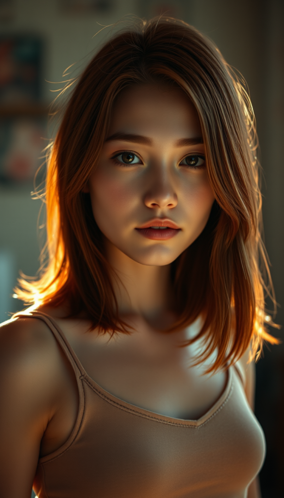A professional ultra high resolution photograph capturing a beautiful young teen girl with sleek, straight, mid-length amber red hair that softly curls around her face, and realistic looking eyes that give off a bright, warm glow. She's clad in a stylish, form-fitting tank top that perfectly complements her flawless skin. The setting is a softly backlit one that focuses on her face, with the light shining out from behind her. The overall atmosphere is both whimsically detailed and highly detailed, evoking an ultra realistic, cinematic aesthetic that is both softly detailed and vividly colorful.