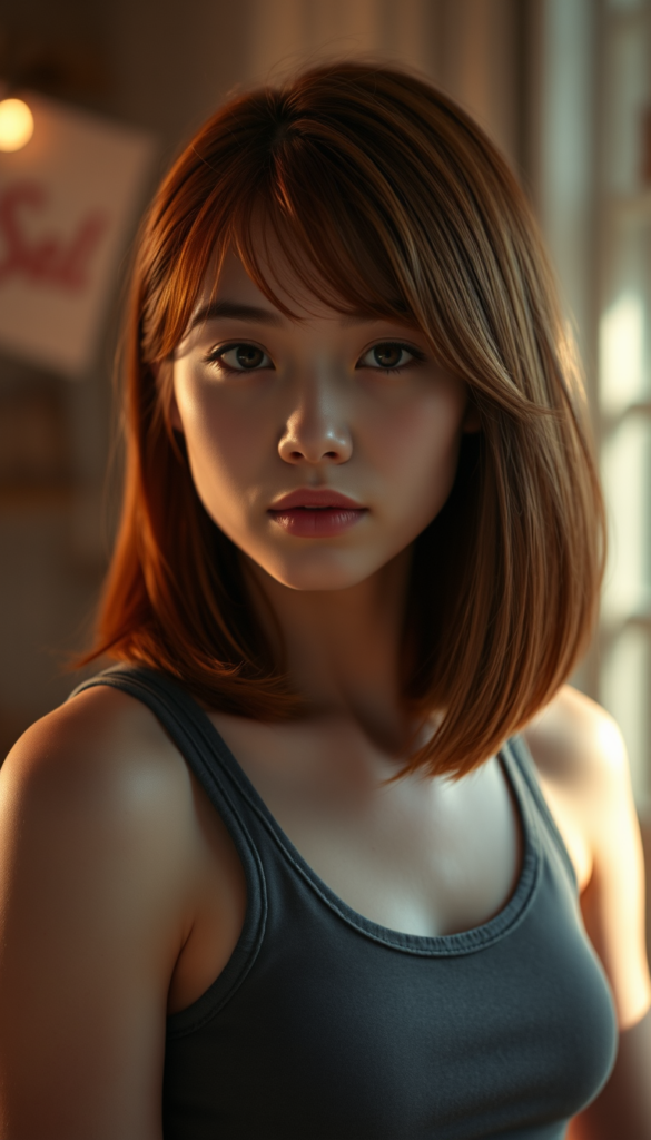 A professional ultra high resolution photograph capturing a beautiful young teen girl with sleek, straight, mid-length amber red hair that softly curls around her face, and realistic looking eyes that give off a bright, warm glow. She's clad in a stylish, form-fitting tank top that perfectly complements her flawless skin. The setting is a softly backlit one that focuses on her face, with the light shining out from behind her. The overall atmosphere is both whimsically detailed and highly detailed, evoking an ultra realistic, cinematic aesthetic that is both softly detailed and vividly colorful.