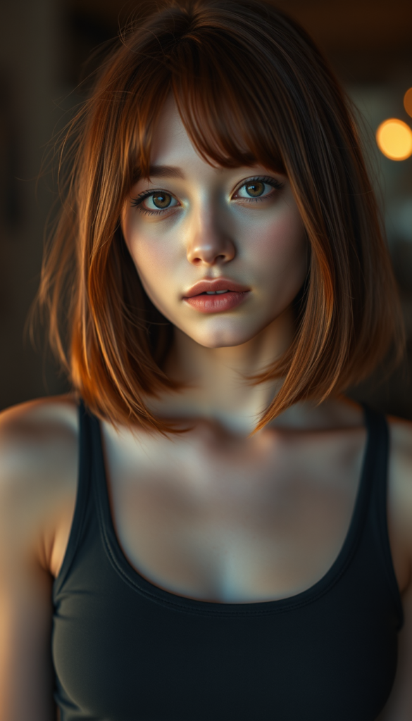 A professional ultra high resolution photograph capturing a beautiful young teen girl with sleek, straight, mid-length amber red hair that softly curls around her face, and realistic looking eyes that give off a bright, warm glow. She's clad in a stylish, form-fitting tank top that perfectly complements her flawless skin. The setting is a softly backlit one that focuses on her face, with the light shining out from behind her. The overall atmosphere is both whimsically detailed and highly detailed, evoking an ultra realistic, cinematic aesthetic that is both softly detailed and vividly colorful.