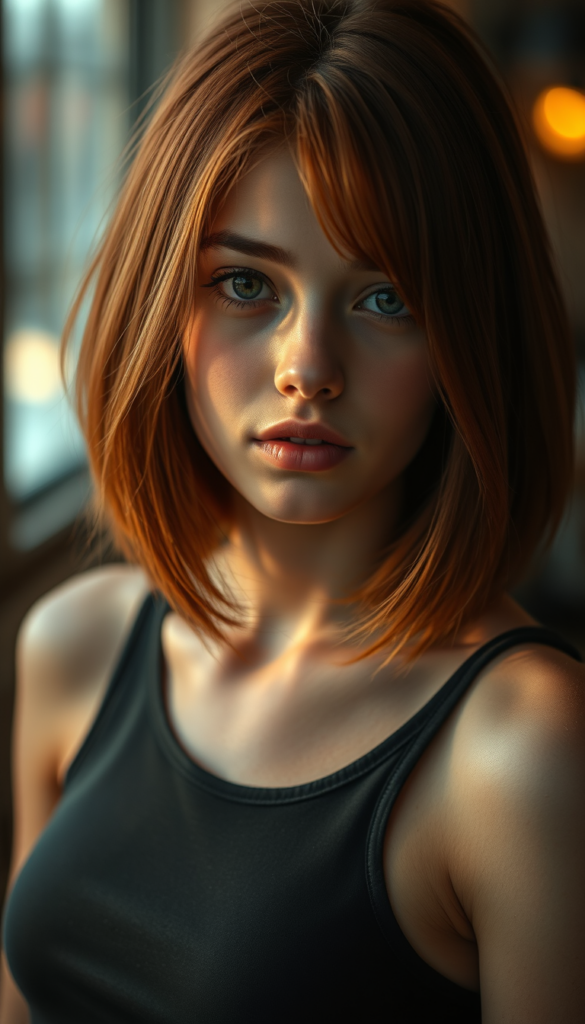 A professional ultra high resolution photograph capturing a beautiful young teen girl with sleek, straight, mid-length amber red hair that softly curls around her face, and realistic looking eyes that give off a bright, warm glow. She's clad in a stylish, form-fitting tank top that perfectly complements her flawless skin. The setting is a softly backlit one that focuses on her face, with the light shining out from behind her. The overall atmosphere is both whimsically detailed and highly detailed, evoking an ultra realistic, cinematic aesthetic that is both softly detailed and vividly colorful.
