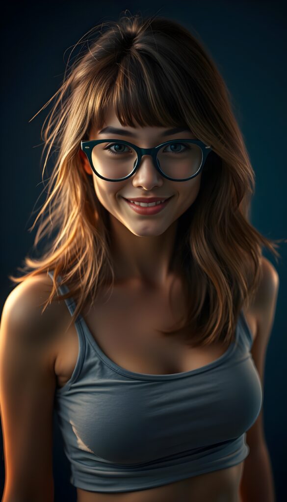 A quirky, adorable nerd girl with long, brown shoulder-length hair featuring soft flowing strands and subtle blond highlights. Her hair is parted to the side with charming bangs. She dons large, dark green prescription glasses that accentuate her sparkling dark brown eyes. Her figure is elegantly emphasized in a short, form-fitting cropped light grey tank top with a low neck. The background is a deep, moody blue, creating a dramatic contrast that highlights her radiant smile and playful demeanor. The lighting is warm and soft, casting gentle highlights on her face and hair, making her appear lively and endearing. Dark backdrop.