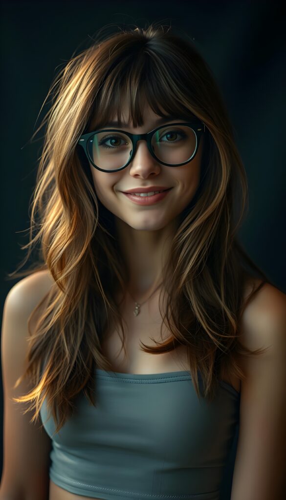 A quirky, adorable nerd girl with long, brown shoulder-length hair featuring soft flowing strands and subtle blond highlights. Her hair is parted to the side with charming bangs. She dons large, dark green prescription glasses that accentuate her sparkling dark brown eyes. Her figure is elegantly emphasized in a short, form-fitting cropped light grey tank top with a low neck. The background is a deep, moody blue, creating a dramatic contrast that highlights her radiant smile and playful demeanor. The lighting is warm and soft, casting gentle highlights on her face and hair, making her appear lively and endearing. Dark backdrop.