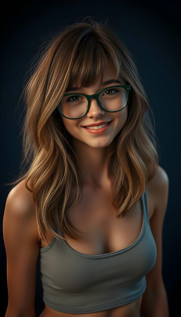A quirky, adorable nerd girl with long, brown shoulder-length hair featuring soft flowing strands and subtle blond highlights. Her hair is parted to the side with charming bangs. She dons large, dark green prescription glasses that accentuate her sparkling dark brown eyes. Her figure is elegantly emphasized in a short, form-fitting cropped light grey tank top with a low neck. The background is a deep, moody blue, creating a dramatic contrast that highlights her radiant smile and playful demeanor. The lighting is warm and soft, casting gentle highlights on her face and hair, making her appear lively and endearing. Dark backdrop.