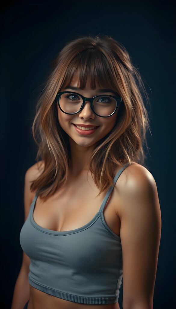 A quirky, adorable nerd girl with long, brown shoulder-length hair featuring soft flowing strands and subtle blond highlights. Her hair is parted to the side with charming bangs. She dons large, dark green prescription glasses that accentuate her sparkling dark brown eyes. Her figure is elegantly emphasized in a short, form-fitting cropped light grey tank top with a low neck. The background is a deep, moody blue, creating a dramatic contrast that highlights her radiant smile and playful demeanor. The lighting is warm and soft, casting gentle highlights on her face and hair, making her appear lively and endearing. Dark backdrop.