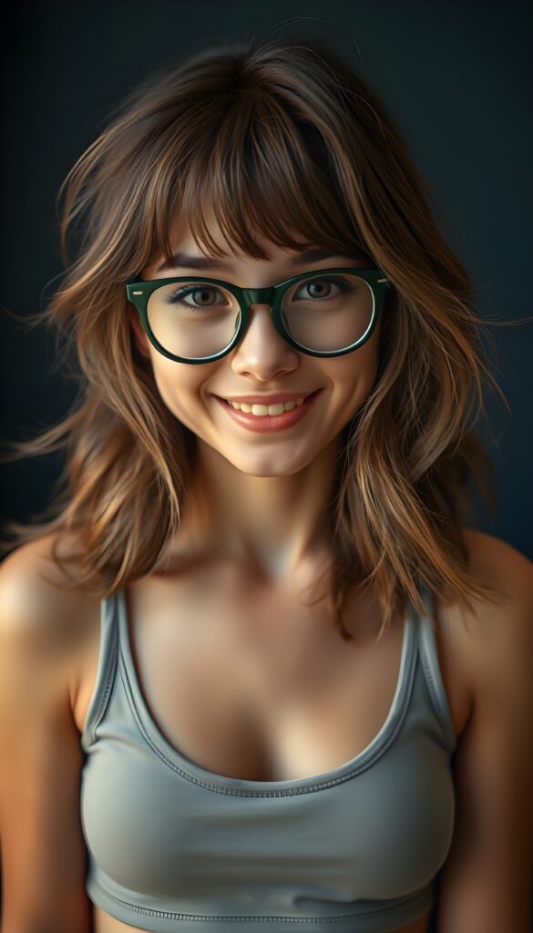 A quirky, adorable nerd girl with long, brown shoulder-length hair featuring soft flowing strands and subtle blond highlights. Her hair is parted to the side with charming bangs. She dons large, dark green prescription glasses that accentuate her sparkling dark brown eyes. Her figure is elegantly emphasized in a short, form-fitting cropped light grey tank top with a low neck. The background is a deep, moody blue, creating a dramatic contrast that highlights her radiant smile and playful demeanor. The lighting is warm and soft, casting gentle highlights on her face and hair, making her appear lively and endearing. Dark backdrop.