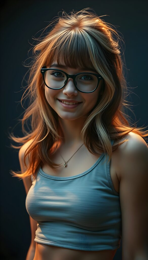 A quirky, adorable nerd girl with long, brown shoulder-length hair featuring soft flowing strands and subtle blond highlights. Her hair is parted to the side with charming bangs. She dons large, dark green prescription glasses that accentuate her sparkling dark brown eyes. Her figure is elegantly emphasized in a short, form-fitting cropped light grey tank top with a low neck. The background is a deep, moody blue, creating a dramatic contrast that highlights her radiant smile and playful demeanor. The lighting is warm and soft, casting gentle highlights on her face and hair, making her appear lively and endearing. Dark backdrop.