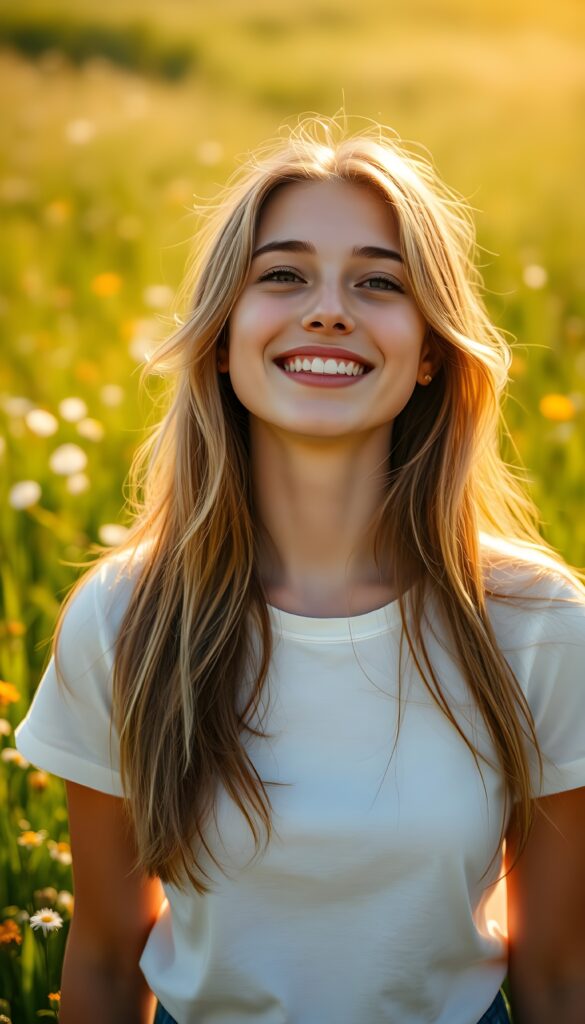 A radiant and joyful young woman stands in the heart of a sunlit meadow, her amber straight hair shimmering with delicate blond highlights cascading gracefully around her shoulders. She wears a simple white t-shirt that accentuates her radiant smile, looking slightly upward at the camera. The lush green grass sways gently in the breeze, dotted with vibrant wildflowers, creating a serene and enchanting atmosphere.