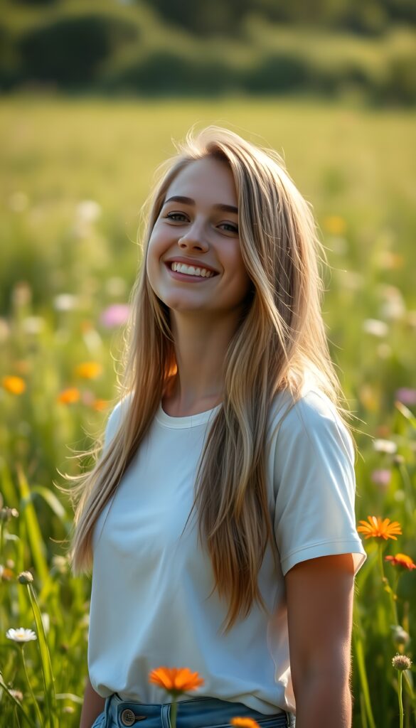 A radiant and joyful young woman stands in the heart of a sunlit meadow, her amber straight hair shimmering with delicate blond highlights cascading gracefully around her shoulders. She wears a simple white t-shirt that accentuates her radiant smile, looking slightly upward at the camera. The lush green grass sways gently in the breeze, dotted with vibrant wildflowers, creating a serene and enchanting atmosphere.