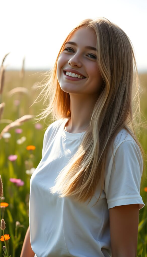 A radiant and joyful young woman stands in the heart of a sunlit meadow, her amber straight hair shimmering with delicate blond highlights cascading gracefully around her shoulders. She wears a simple white t-shirt that accentuates her radiant smile, looking slightly upward at the camera. The lush green grass sways gently in the breeze, dotted with vibrant wildflowers, creating a serene and enchanting atmosphere.