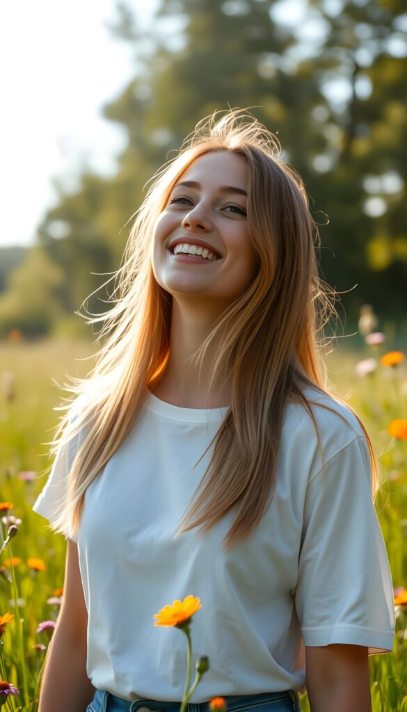 A radiant and joyful young woman stands in the heart of a sunlit meadow, her amber straight hair shimmering with delicate blond highlights cascading gracefully around her shoulders. She wears a simple white t-shirt that accentuates her radiant smile, looking slightly upward at the camera. The lush green grass sways gently in the breeze, dotted with vibrant wildflowers, creating a serene and enchanting atmosphere.