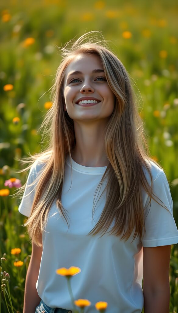 A radiant and joyful young woman stands in the heart of a sunlit meadow, her amber straight hair shimmering with delicate blond highlights cascading gracefully around her shoulders. She wears a simple white t-shirt that accentuates her radiant smile, looking slightly upward at the camera. The lush green grass sways gently in the breeze, dotted with vibrant wildflowers, creating a serene and enchanting atmosphere.