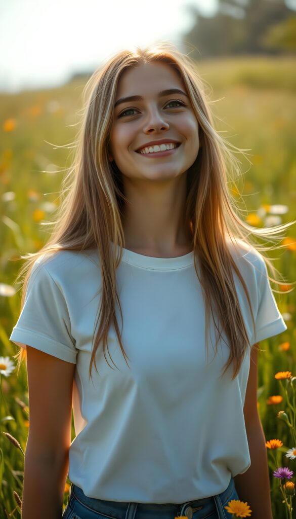 A radiant and joyful young woman stands in the heart of a sunlit meadow, her amber straight hair shimmering with delicate blond highlights cascading gracefully around her shoulders. She wears a simple white t-shirt that accentuates her radiant smile, looking slightly upward at the camera. The lush green grass sways gently in the breeze, dotted with vibrant wildflowers, creating a serene and enchanting atmosphere.