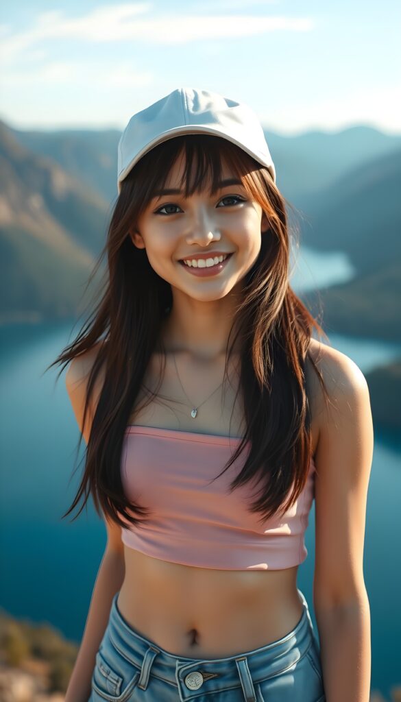 a super realistic, 4k, detailed, a cute petite young Exotic teen girl with shoulder long straight dark hair and auburn highlights, bob cut, ((plain light cropped pink tube top)), perfect female body, blue denim jeans pants. In the background, there is a large blue reservoir and mountains, you see her cute round belly button. Sunny day. Smile very happy and make you happy. White teeth. She wears a white golf cap.