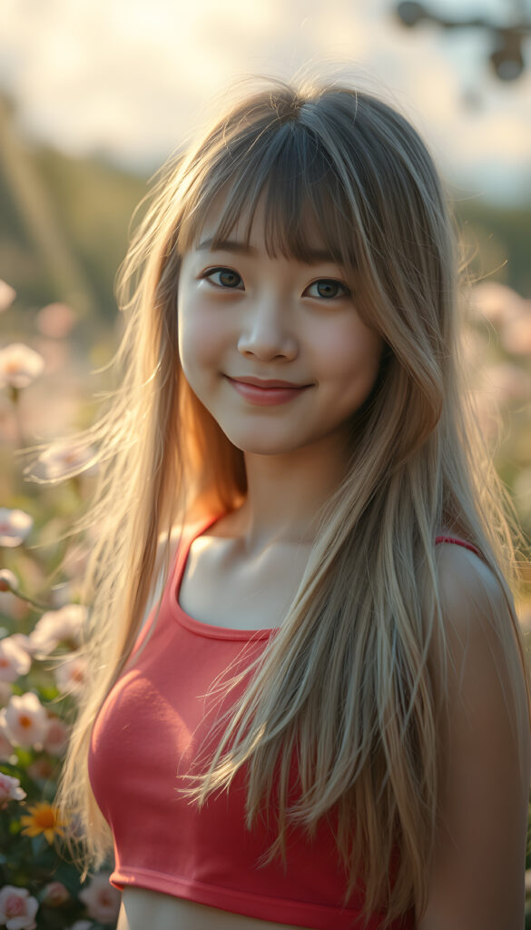 A radiant portrait of a young Korean girl with long, flowing blonde hair and soft bangs, her eyes sparkling with vibrant blue hues, adorned in a light red cropped top. She stands confidently in a whimsical, pastel-hued garden filled with blooming flowers, bathed in soft, golden sunlight. Her smile is warm and inviting, enhancing her youthful charm and beauty. The background features dreamy, pastel-colored clouds and gentle light beams, creating a serene and enchanting atmosphere.