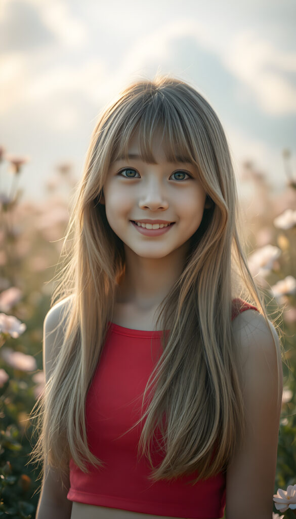 A radiant portrait of a young Korean girl with long, flowing blonde hair and soft bangs, her eyes sparkling with vibrant blue hues, adorned in a light red cropped top. She stands confidently in a whimsical, pastel-hued garden filled with blooming flowers, bathed in soft, golden sunlight. Her smile is warm and inviting, enhancing her youthful charm and beauty. The background features dreamy, pastel-colored clouds and gentle light beams, creating a serene and enchanting atmosphere.