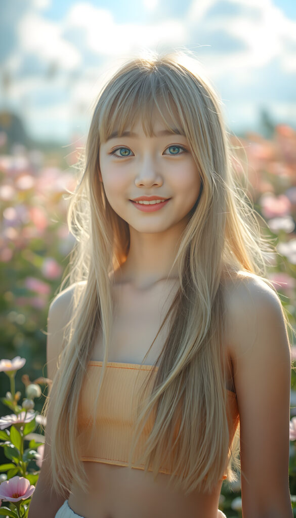 A radiant portrait of a young Korean girl with long, flowing blonde hair and soft bangs, her eyes sparkling with vibrant blue hues, adorned in a colorful crop top. She stands confidently in a whimsical, pastel-hued garden filled with blooming flowers, bathed in soft, golden sunlight. Her smile is warm and inviting, enhancing her youthful charm and beauty. The background features dreamy, pastel-colored clouds and gentle light beams, creating a serene and enchanting atmosphere.