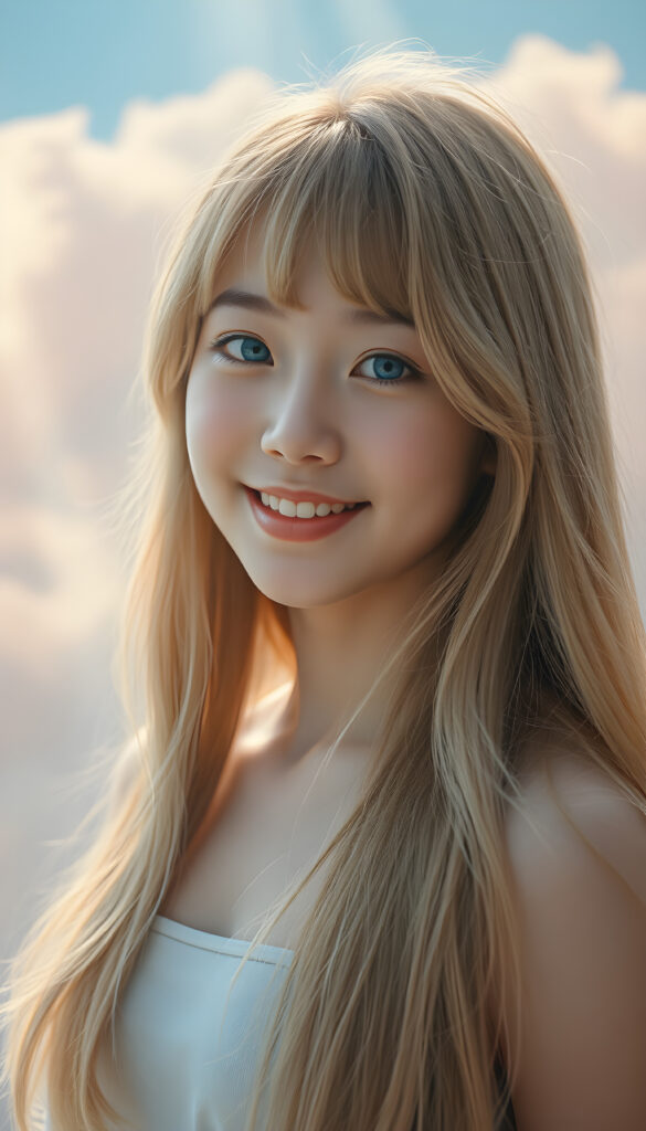 A radiant portrait of a young Korean girl with long, flowing blonde hair and soft bangs, her eyes sparkling with vibrant blue hues, adorned in a short crop top. Her smile is warm and inviting, enhancing her youthful charm and beauty. The background features dreamy, pastel-colored clouds and gentle light beams, creating a serene and enchanting atmosphere.