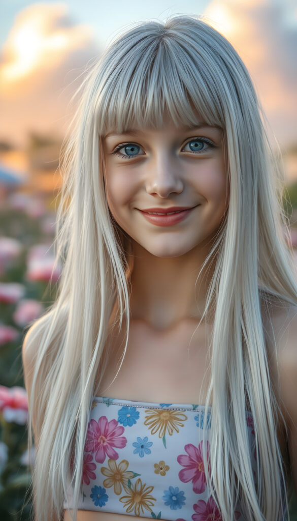 A radiant portrait of a young teenage girl with long, straight platinum white hair and soft bangs, her eyes sparkling with vibrant blue hues, adorned in a colorful flower pattern cropped tank top. She stands confidently in a whimsical, pastel-hued garden, bathed in soft, golden sunlight. Her smile is warm and inviting, enhancing her youthful charm and beauty. The background features dreamy, pastel-colored clouds and gentle light beams, creating a serene and enchanting atmosphere.