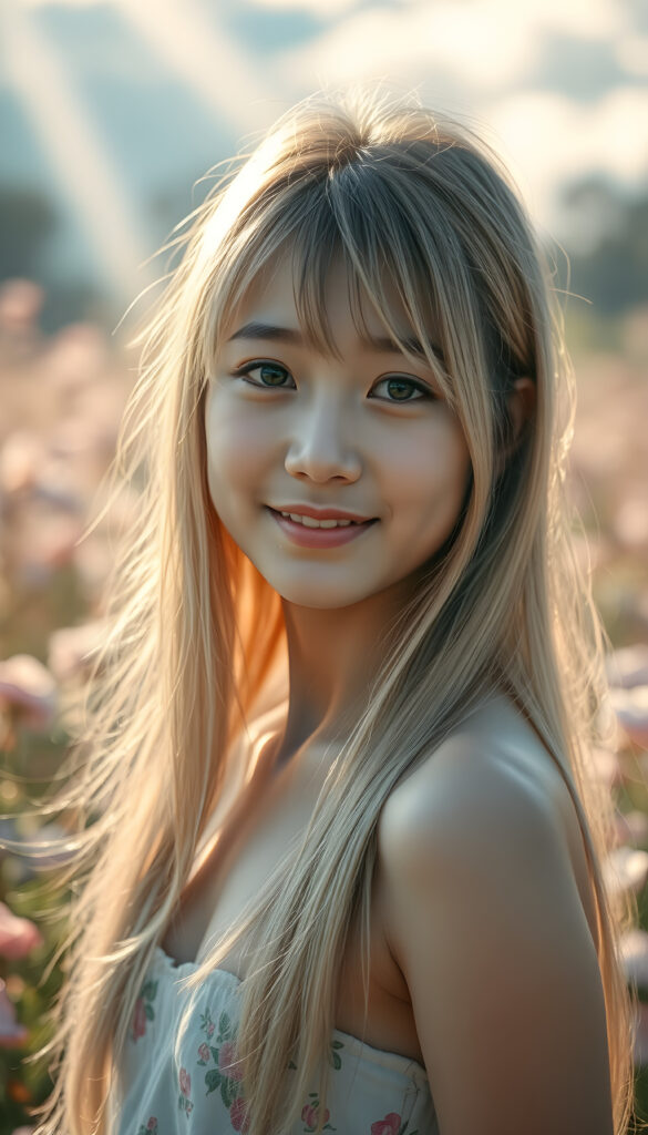 A radiant portrait of a young Korean girl with long, flowing blonde hair and soft bangs, her eyes sparkling with vibrant blue hues, adorned in a colorful crop top. She stands confidently in a whimsical, pastel-hued garden filled with blooming flowers, bathed in soft, golden sunlight. Her smile is warm and inviting, enhancing her youthful charm and beauty. The background features dreamy, pastel-colored clouds and gentle light beams, creating a serene and enchanting atmosphere.