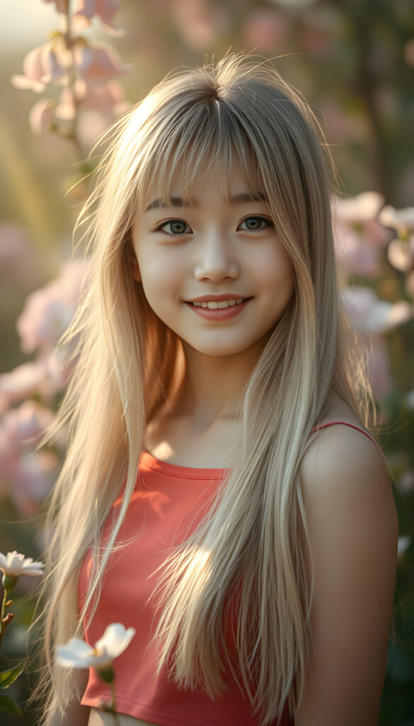 A radiant portrait of a young Korean girl with long, flowing blonde hair and soft bangs, her eyes sparkling with vibrant blue hues, adorned in a light red cropped top. She stands confidently in a whimsical, pastel-hued garden filled with blooming flowers, bathed in soft, golden sunlight. Her smile is warm and inviting, enhancing her youthful charm and beauty. The background features dreamy, pastel-colored clouds and gentle light beams, creating a serene and enchanting atmosphere.