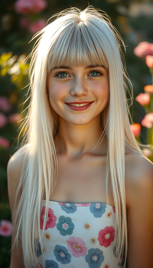A radiant portrait of a young teenage girl with long, straight platinum white hair and soft bangs, her eyes sparkling with vibrant blue hues, adorned in a colorful flower pattern cropped tank top. She stands confidently in a whimsical, pastel-hued garden, bathed in soft, golden sunlight. Her smile is warm and inviting, enhancing her youthful charm and beauty. The background features dreamy, pastel-colored clouds and gentle light beams, creating a serene and enchanting atmosphere.