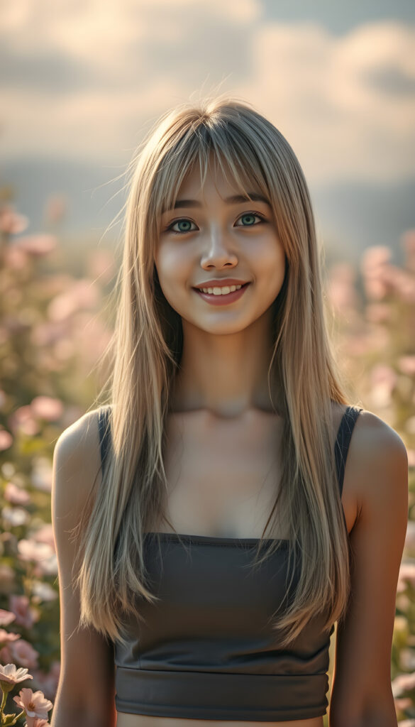 A radiant portrait of a young well busty Korean girl with long, super straight fine blonde hair and soft bangs, her eyes sparkling with vibrant blue hues, adorned in a tight cropped tank top, deep neck. She stands confidently in a whimsical, pastel-hued garden filled with blooming flowers, bathed in soft, golden sunlight. Her smile is warm and inviting, enhancing her youthful charm and beauty. The background features dreamy, pastel-colored clouds and gentle light beams, creating a serene and enchanting atmosphere.