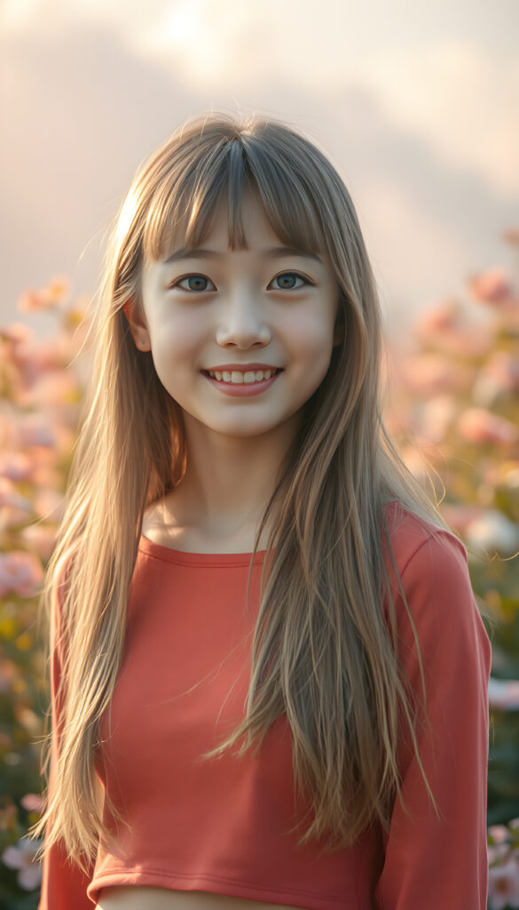 A radiant portrait of a young Korean girl with long, flowing blonde hair and soft bangs, her eyes sparkling with vibrant blue hues, adorned in a light red cropped top. She stands confidently in a whimsical, pastel-hued garden filled with blooming flowers, bathed in soft, golden sunlight. Her smile is warm and inviting, enhancing her youthful charm and beauty. The background features dreamy, pastel-colored clouds and gentle light beams, creating a serene and enchanting atmosphere.