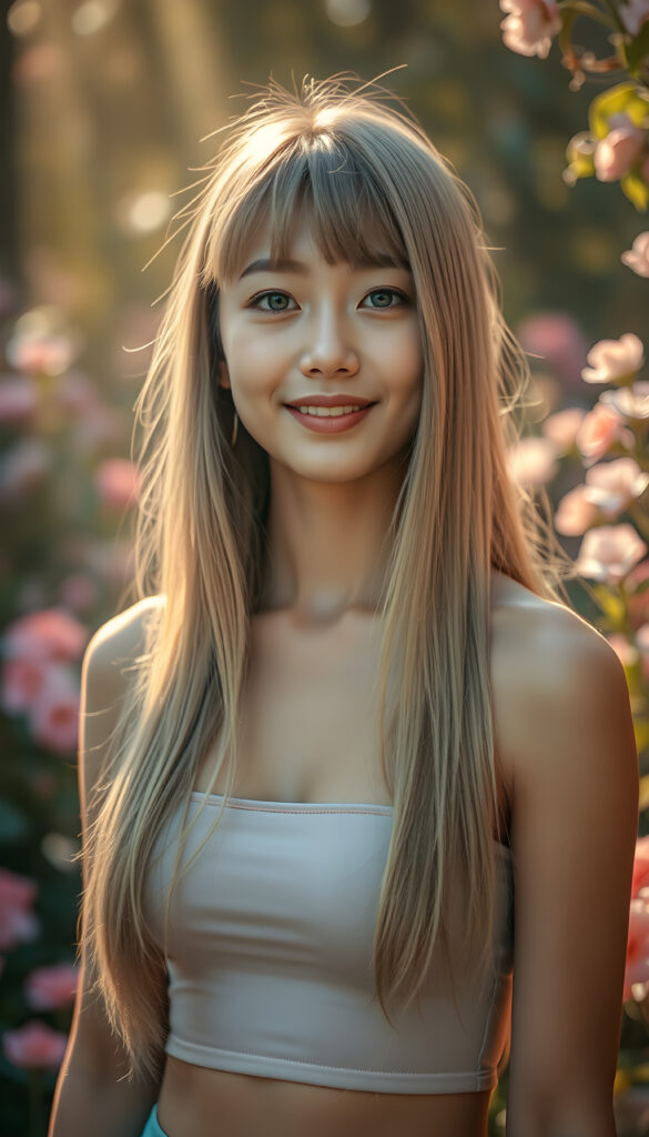 A radiant portrait of a young well busty Korean girl with long, super straight fine blonde hair and soft bangs, her eyes sparkling with vibrant blue hues, adorned in a tight cropped tank top, deep neck. She stands confidently in a whimsical, pastel-hued garden filled with blooming flowers, bathed in soft, golden sunlight. Her smile is warm and inviting, enhancing her youthful charm and beauty. The background features dreamy, pastel-colored clouds and gentle light beams, creating a serene and enchanting atmosphere.