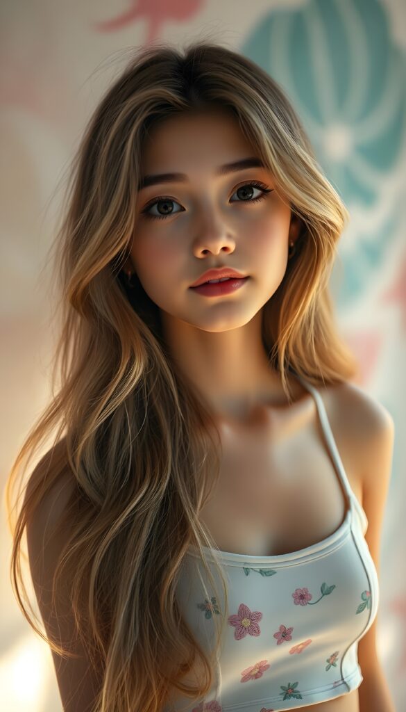 A radiant portrait of a young woman with cascading, long, and silky hair that shimmers with a soft, ethereal glow. Her face, bathed in a serene, golden light, features large, expressive eyes filled with wonder, accentuated by long, luscious lashes. Her lips are plush and full, curved into a subtle, inviting smile. She wears a chic, cropped tank top adorned with whimsical floral patterns, blending contemporary fashion with nature's allure. The background is a dreamy, abstract swirl of pastel hues, reminiscent of a soft watercolor painting, with soft, diffused lighting enhancing the ethereal ambiance. The scene captures a moment of youthful innocence and enchanting charm, inviting the viewer to engage with her captivating gaze.