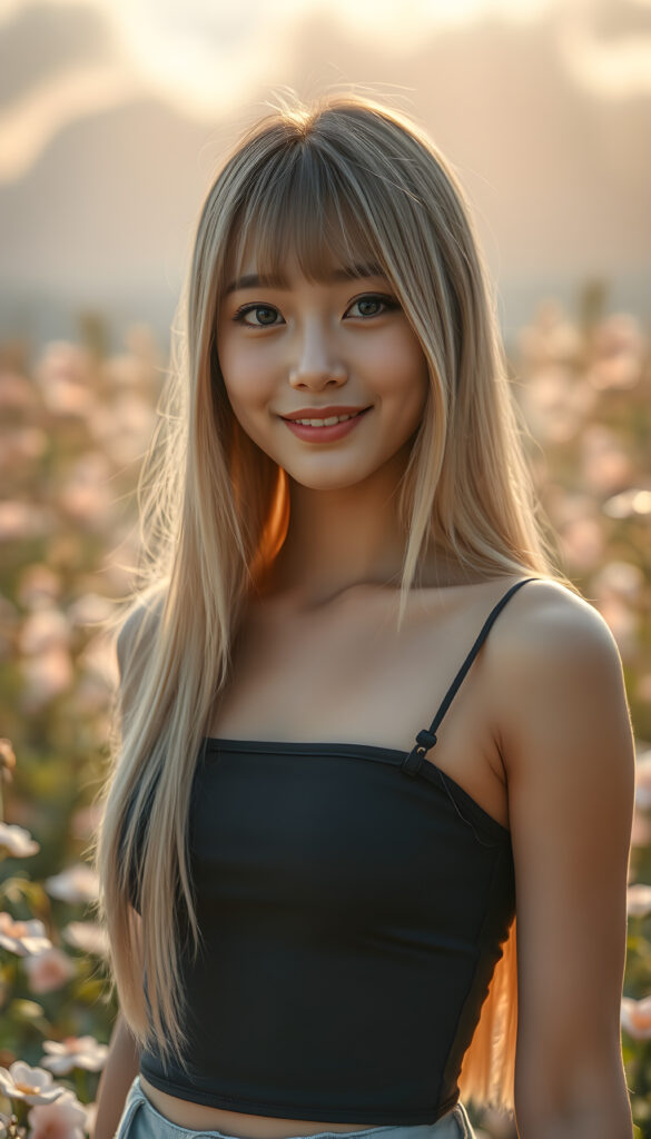A radiant portrait of a young well busty Korean girl with long, super straight fine blonde hair and soft bangs, her eyes sparkling with vibrant blue hues, adorned in a tight cropped tank top, deep neck. She stands confidently in a whimsical, pastel-hued garden filled with blooming flowers, bathed in soft, golden sunlight. Her smile is warm and inviting, enhancing her youthful charm and beauty. The background features dreamy, pastel-colored clouds and gentle light beams, creating a serene and enchanting atmosphere.